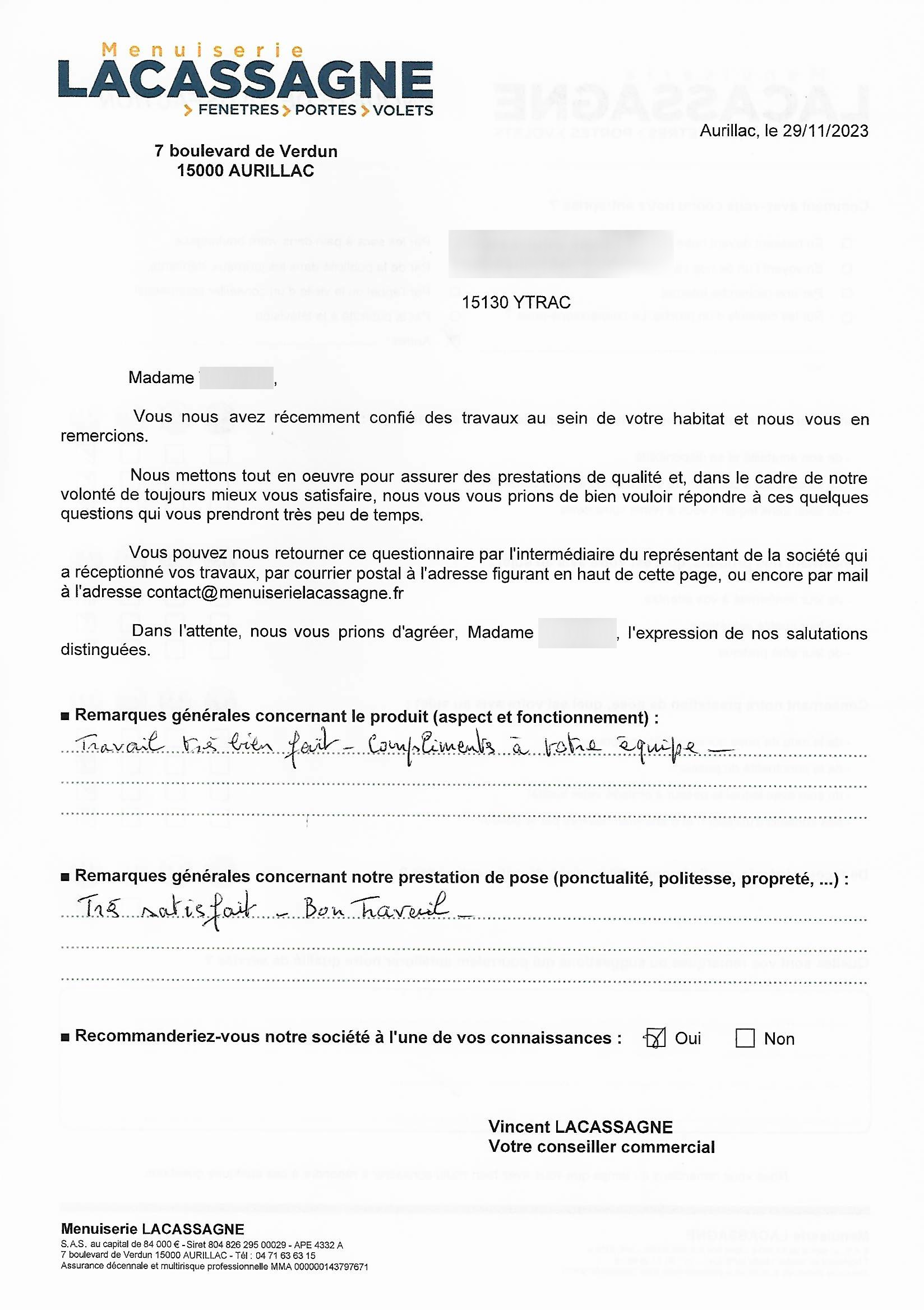 Menuiserie LACASSAGNE à AURILLAC - SATISFACTION CLIENT 2024-03-15