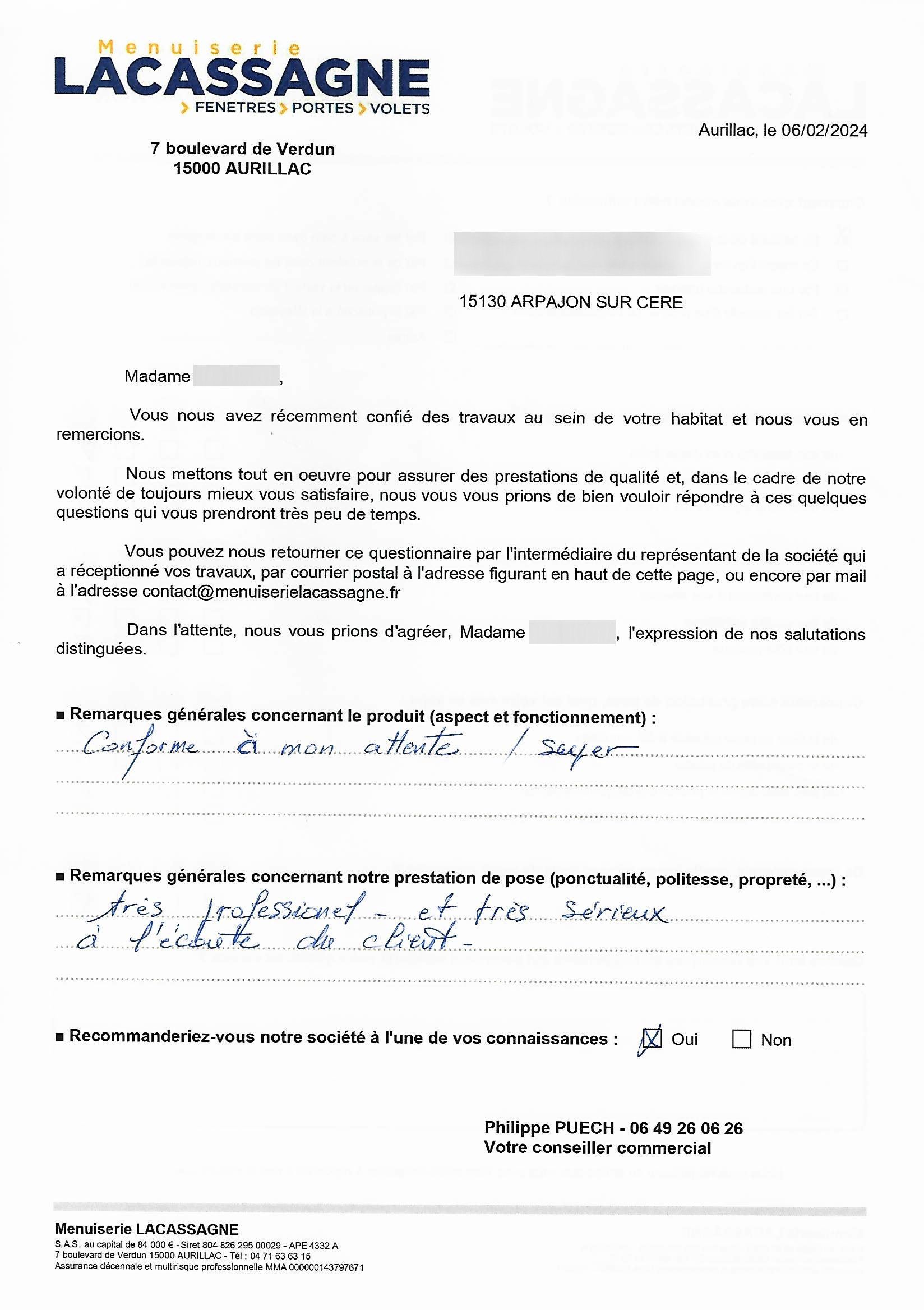 Menuiserie LACASSAGNE à AURILLAC - SATISFACTION CLIENT 2024-05-03